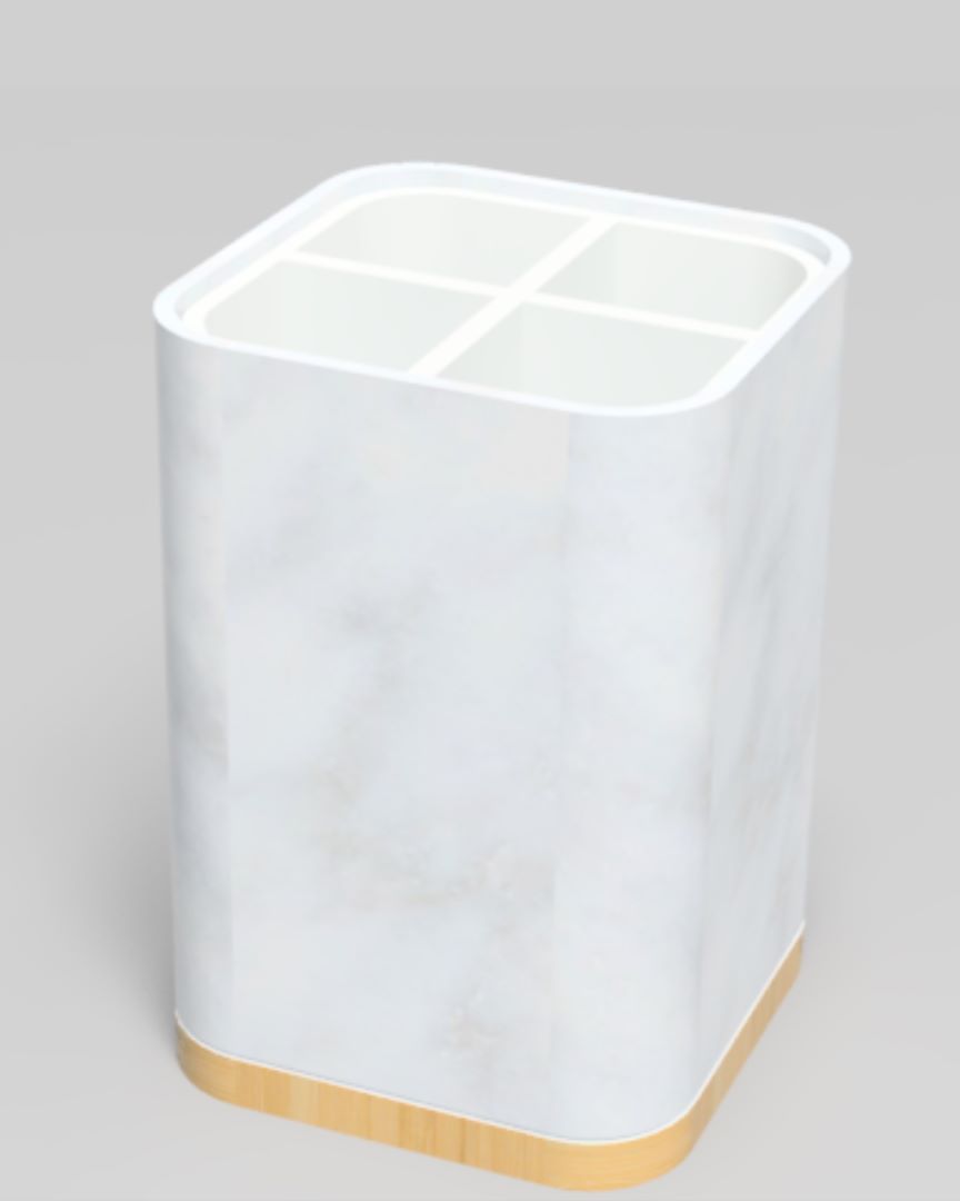 Organizador de baño blanco con compartimentos y acabado elegante