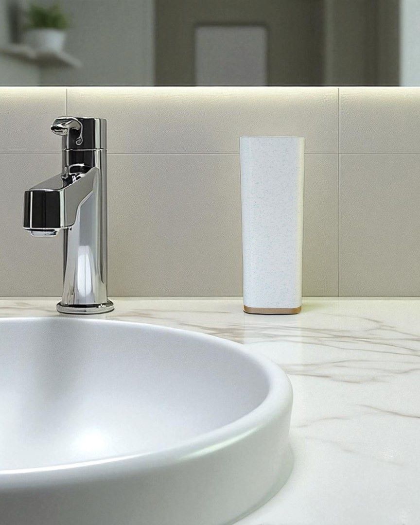 Accesorios de baño modernos sobre lavabo con diseño minimalista